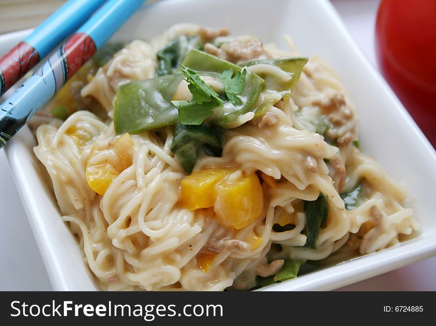 A meal of chinese somen noodles with vegetables. A meal of chinese somen noodles with vegetables