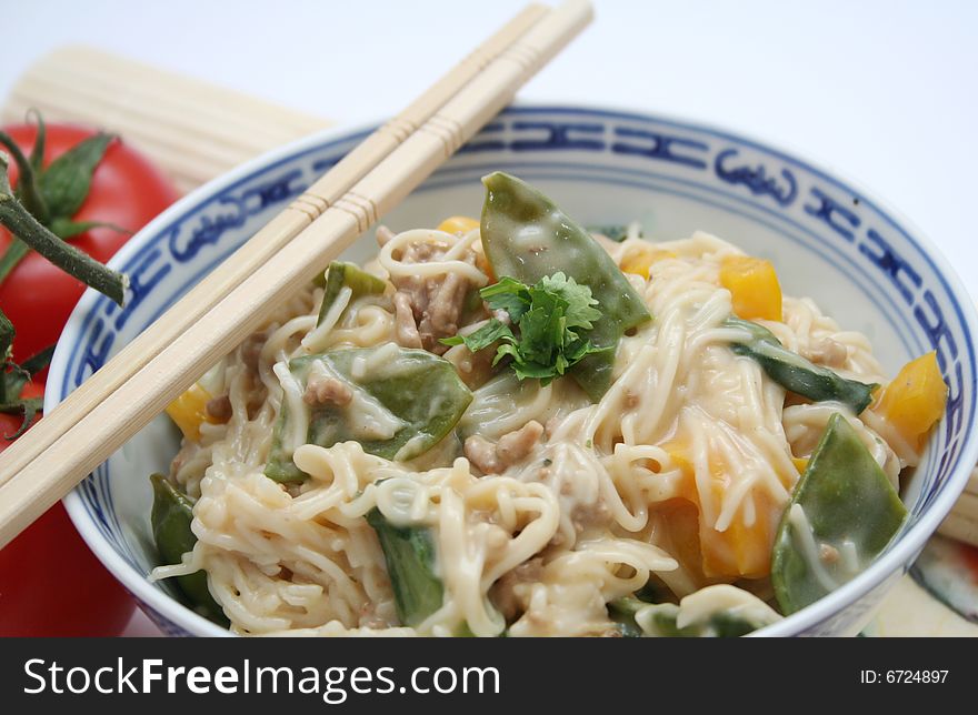 A meal of chinese somen noodles with vegetables. A meal of chinese somen noodles with vegetables