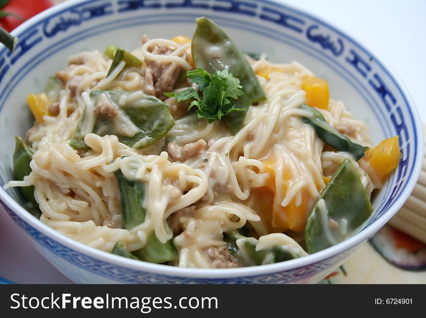 A meal of chinese somen noodles with vegetables. A meal of chinese somen noodles with vegetables