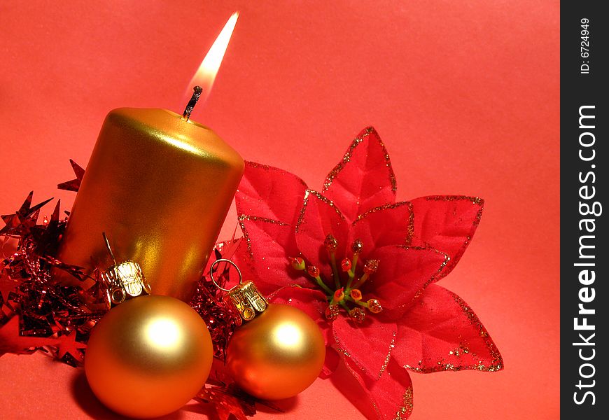 Red Christmas still life with balls and candle. Red Christmas still life with balls and candle