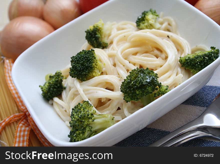 A meal of italian pasta with broccoli. A meal of italian pasta with broccoli