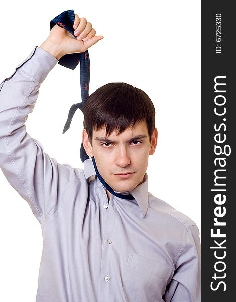 Young man hanging himself on a tie on white background