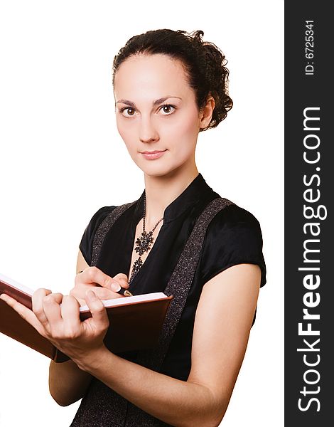 Young woman with a diary on white background. Young woman with a diary on white background