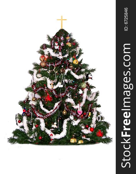 Christmas tree with cross and decoration isolated