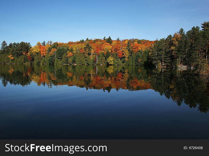 A very calm autumn morning with beautiful colors reflected in mirror like lake. A very calm autumn morning with beautiful colors reflected in mirror like lake