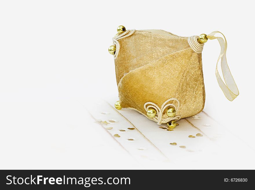 Christmas vintage golden velvet decoration with clipping path for easy removal. Copy space available. Christmas vintage golden velvet decoration with clipping path for easy removal. Copy space available.