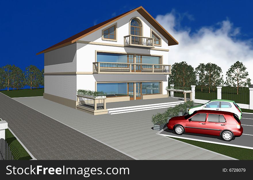 3D render of modern residential house, cars at parking space in front. 3D render of modern residential house, cars at parking space in front