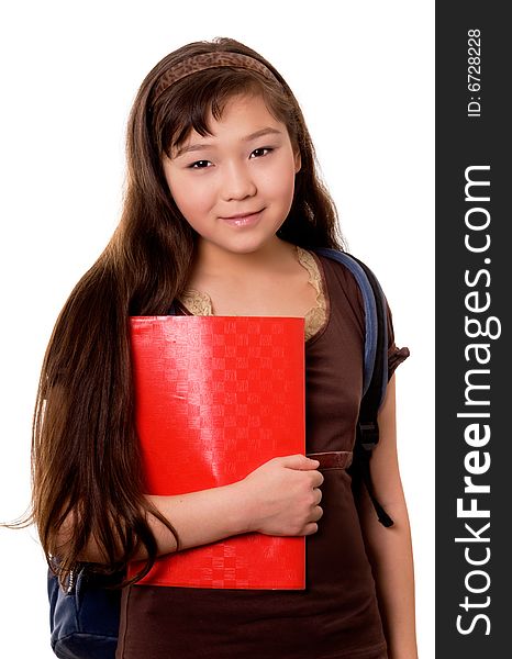 Portrait of the schoolgirl on white