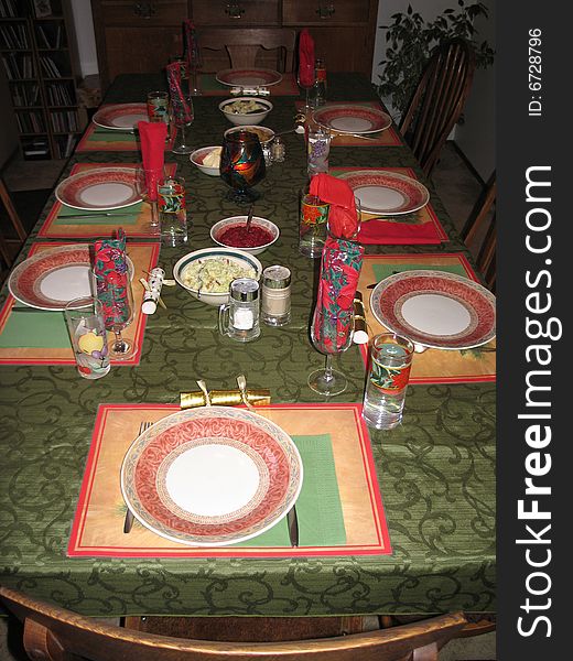 Holiday dressed up table with green and red