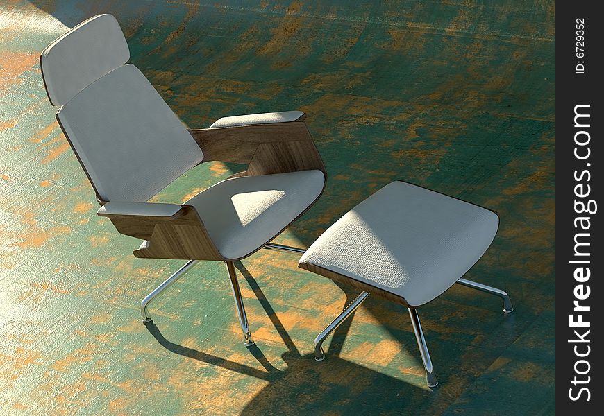 Minimalist white and wood chair on a grunge background with attractive late-afternoon sunlight. Minimalist white and wood chair on a grunge background with attractive late-afternoon sunlight.