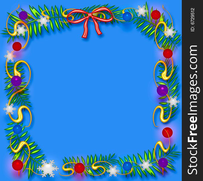 Christmas frame colorful ornaments and snowflakes around blank center. Christmas frame colorful ornaments and snowflakes around blank center