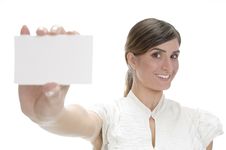 Smiling Lady Showing Visiting Card Royalty Free Stock Image