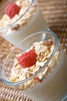 Two Glasses Of Deliciously Fresh Yogurt And Muesli Royalty Free Stock Photo Two Glasses Of Deliciously Fresh Yogurt And Muesli Royalty Free Stock Photo