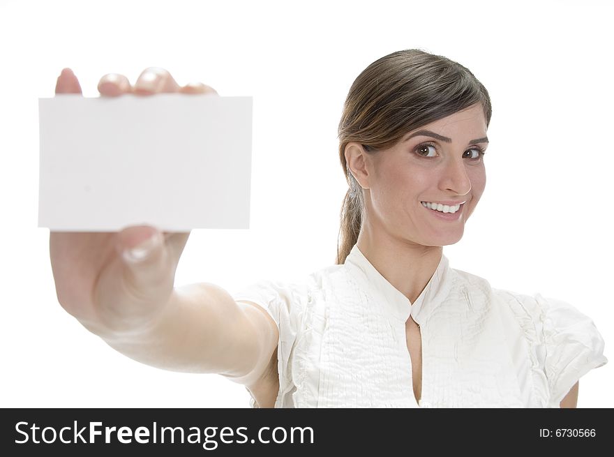 Smiling lady showing visiting card on an isolated white background