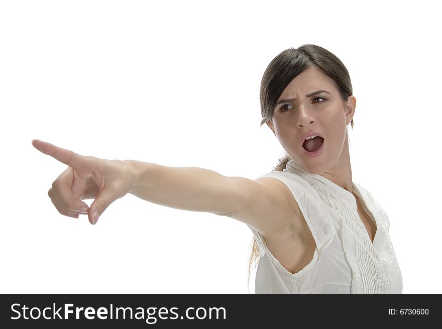 Lady pointing side on an isolated white background