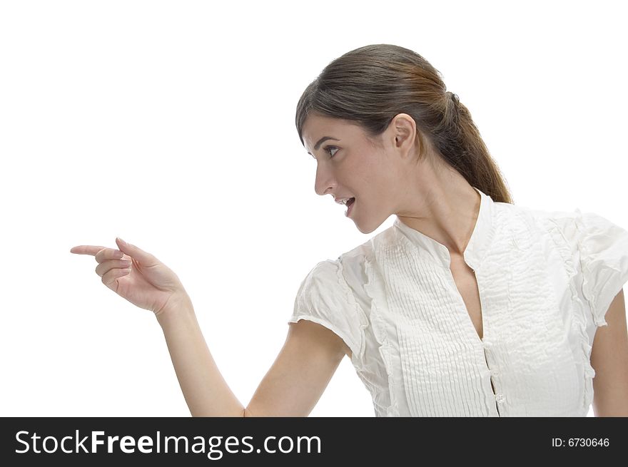 Indicating woman looking side on an isolated white background