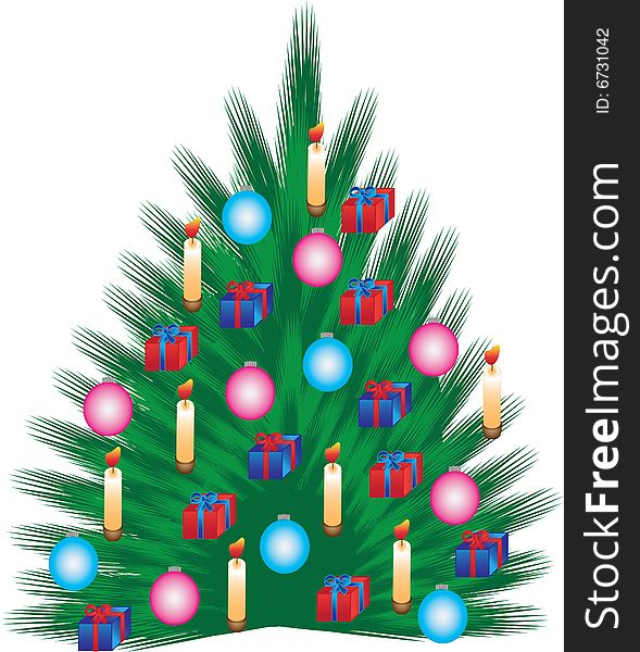 The vector illustration contains the image of christmas pine with balls and candle. The vector illustration contains the image of christmas pine with balls and candle