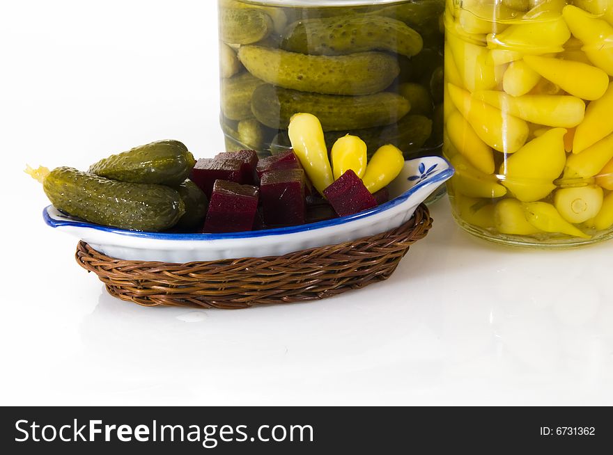 Jars of pickles, assorted vegetables. Jars of pickles, assorted vegetables.