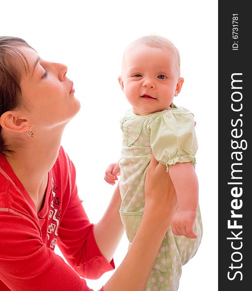 Happy baby with mom isolated on white