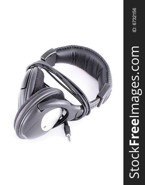 Headphones isolated black background, with cable, packshot