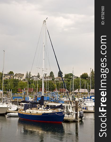 Blue Sailboat in Rainy Harbor