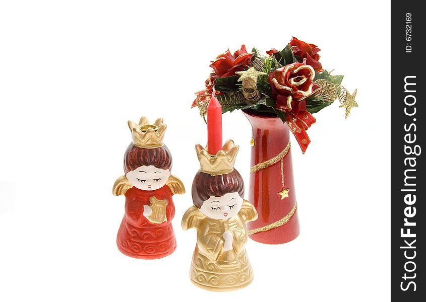 Christmas scene with angels and candle isolated