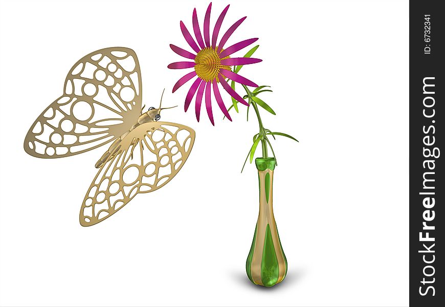 The image of the metal butterfly, 3D rendering. The image of the metal butterfly, 3D rendering