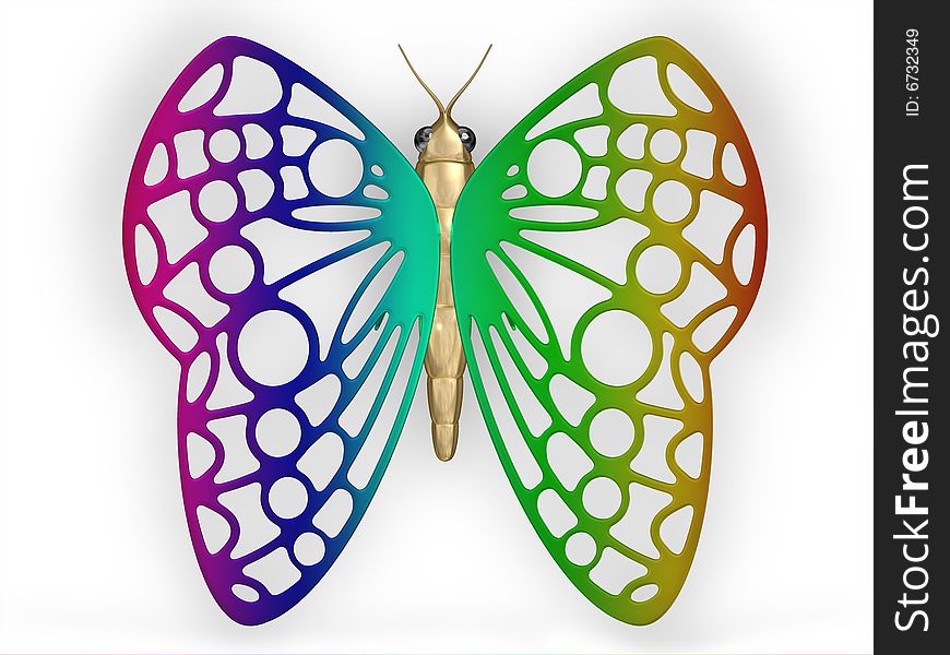 The image of the metal butterfly, 3D rendering. The image of the metal butterfly, 3D rendering