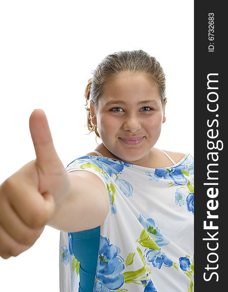Girl wishing good luck on an isolated white background