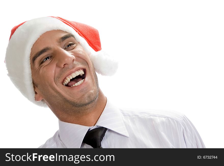 Businessman burst into laughter against white background