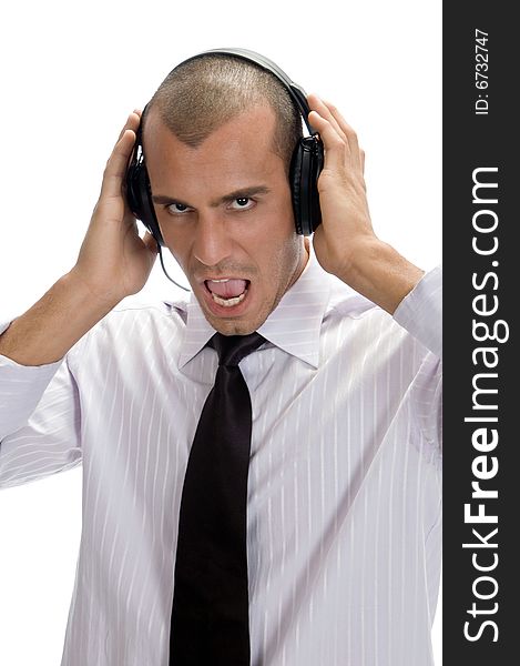 Businessman holding headphone on an isolated background