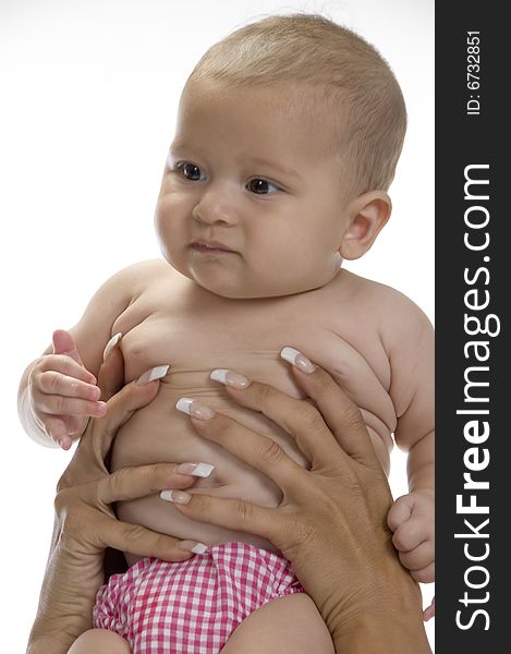 Mother hands holding baby against white background