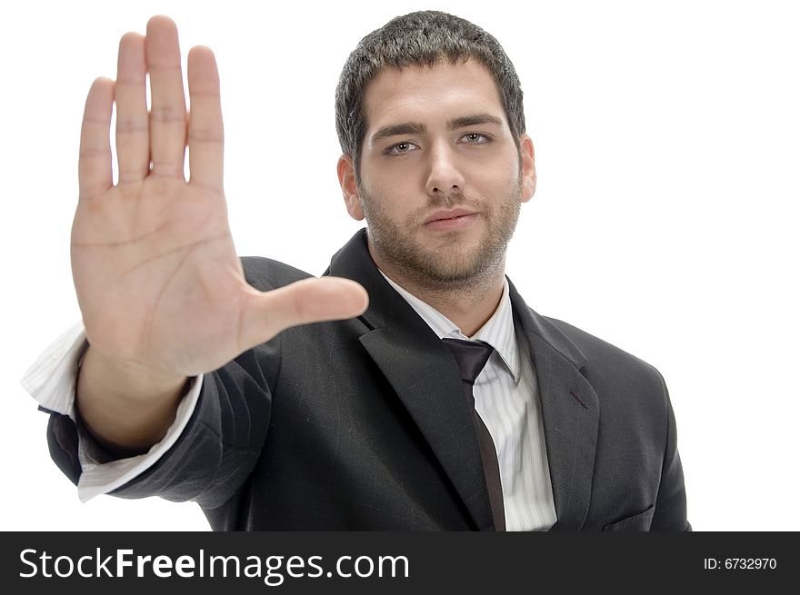 Businessman stopping someone on an isolated white background