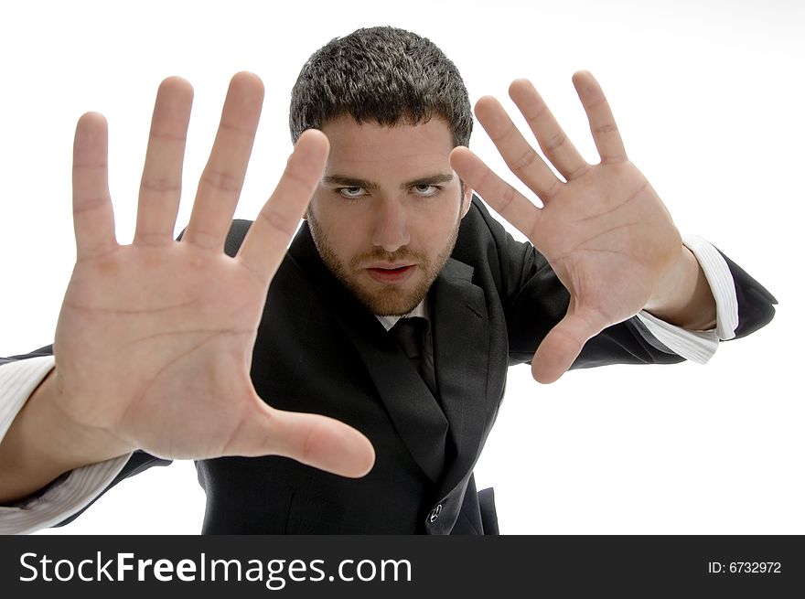 Young man with hand gesture isolated on white background