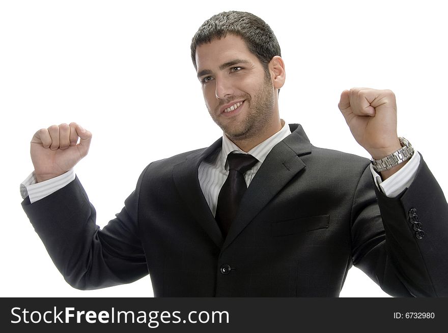 Happy caucasian businessman on an isolated white background