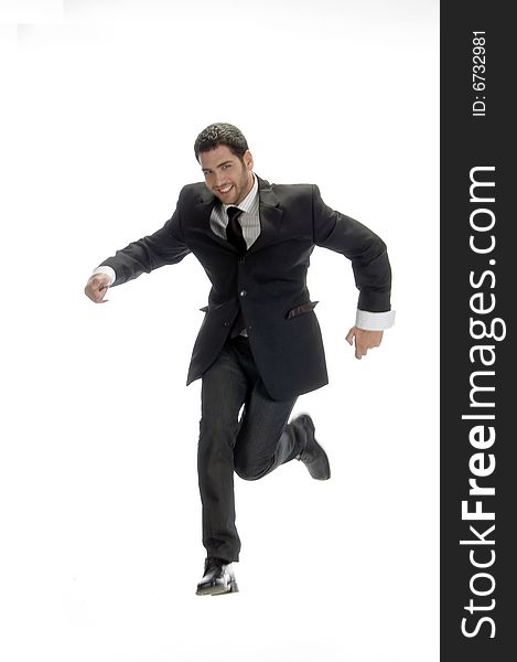 Smart businessman jumps up on an isolated background