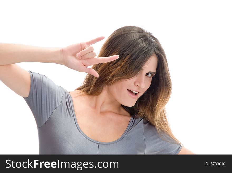 Lady showing hand gesture with white background