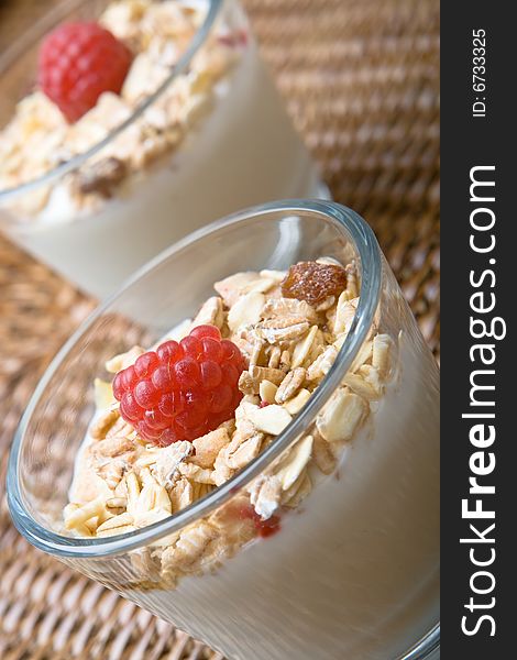 Two glasses of deliciously fresh yogurt and muesli