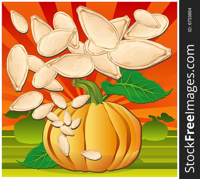 Yellow pumpkin with green leaves and seeds on garden background, vector illustration. Yellow pumpkin with green leaves and seeds on garden background, vector illustration