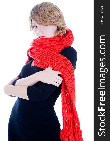 Beautiful girl in red scarf, studio isolated