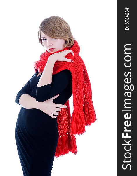 Beautiful girl in red scarf, studio isolated