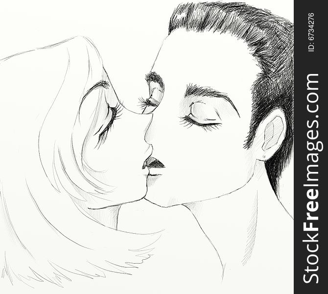 Kiss boy and girl on white canvas