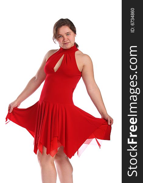 Chubby girl in red dress dancing isolated