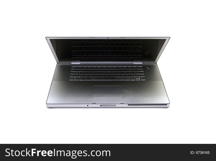 Silver laptop computer isolated on a white studio background with a black display. Silver laptop computer isolated on a white studio background with a black display.