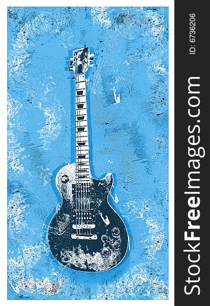 A black and white guitar illustration on blue painted background