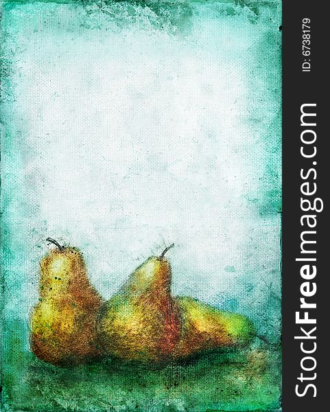 Etched and hand-painted pears on a grunge background with copy-space for your own text. Original etching and painting designed and executed by me. Etched and hand-painted pears on a grunge background with copy-space for your own text. Original etching and painting designed and executed by me.