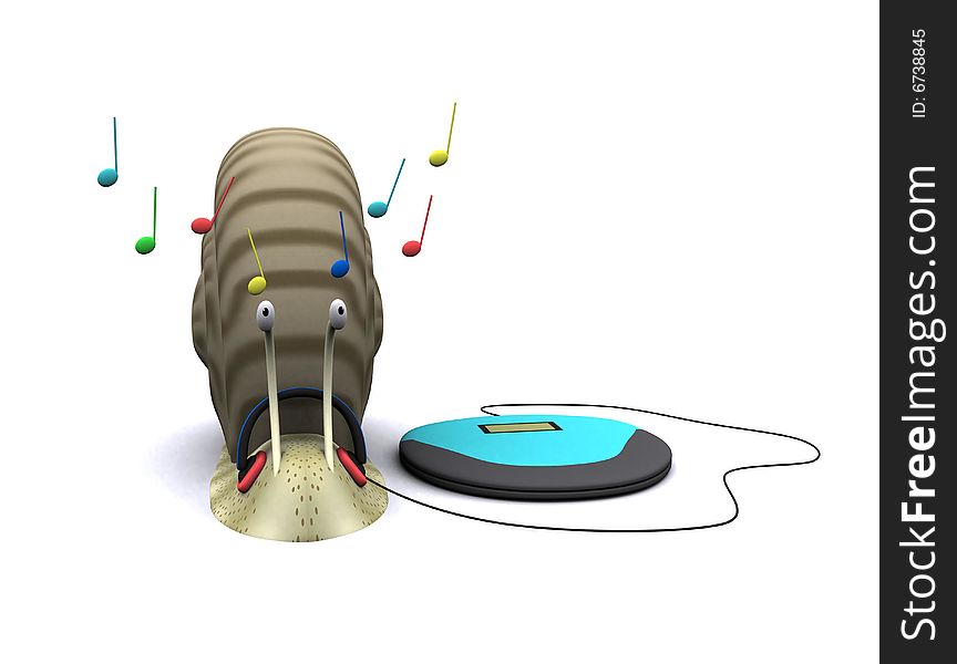 There is a snail using the head set to hear the music. There is a snail using the head set to hear the music.