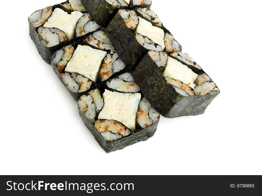 Sushi rolls with omelette and caviar are isolated on the white background