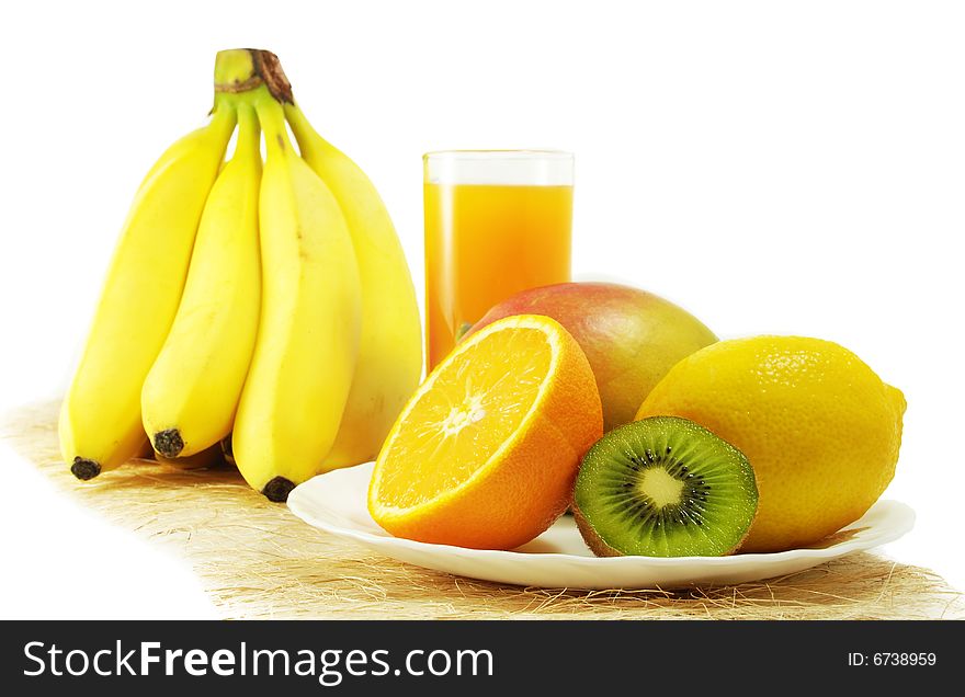 Tropical Fruits And Juice. Isolated On White.