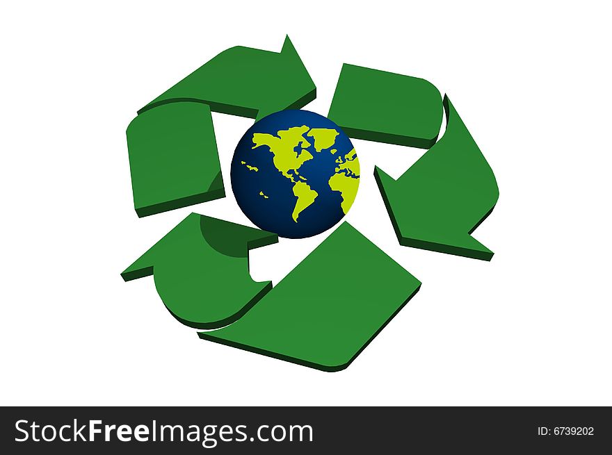 Abstract recycle symbol with planet Earth isolated over white